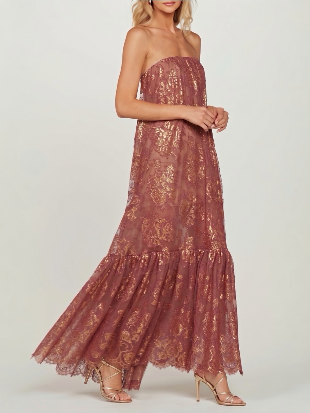 Helsi Cara Women’s Strapless Metallic Burgundy Gold Lace Maxi Dress Size XS NEW